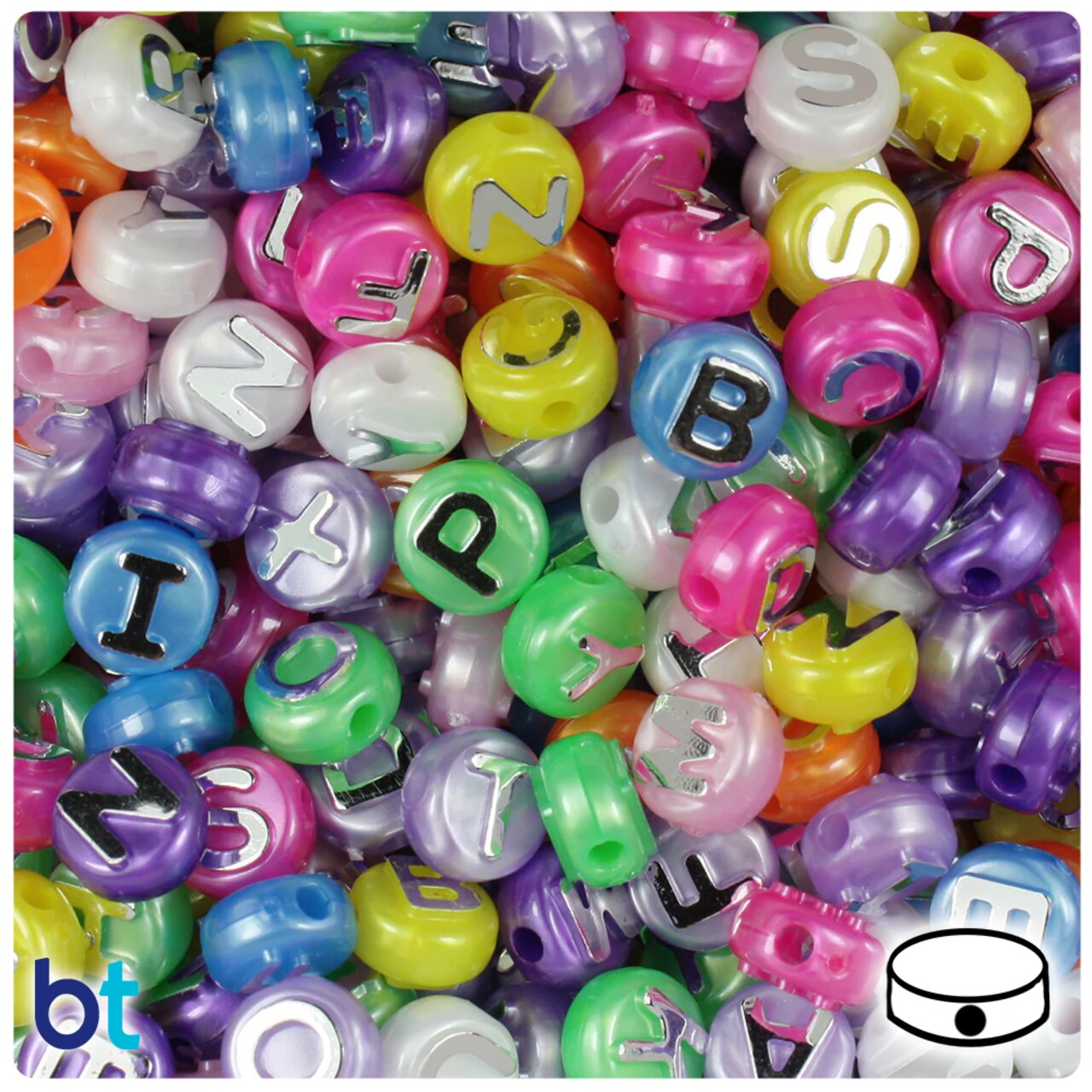 BeadTin Pearl Mix 10mm Coin Alpha Beads - Silver Letter Mix (144pcs)